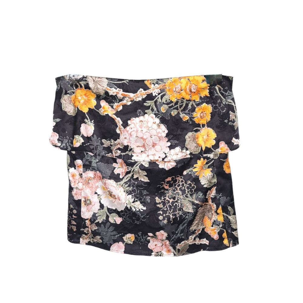 Wayf Blouse Womens Small Strapless Satin Floral Ruffle Top Lined Zip Dressy